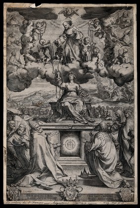 Saint Francis of Assisi on a cloud with cherubs; giving the cords of his robes to the Virgin on a pedestal and to a crowd of people. Engraving by Agostino Carracci, 1586 (?).