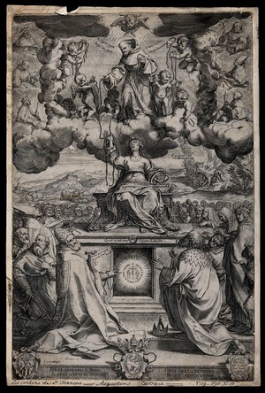 view Saint Francis of Assisi on a cloud with cherubs; giving the cords of his robes to the Virgin on a pedestal and to a crowd of people. Engraving by Agostino Carracci, 1586 (?).