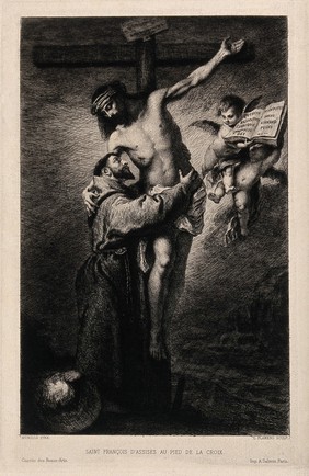 Saint Francis of Assisi embracing Christ on the cross. Etching by L. Flameng after B.E. Murillo, 1860/1880.