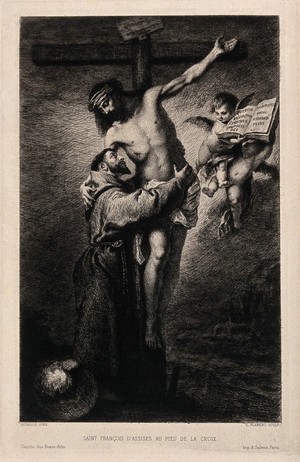 view Saint Francis of Assisi embracing Christ on the cross. Etching by L. Flameng after B.E. Murillo, 1860/1880.