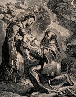 The Virgin Mary presenting Saint Francis of Assisi with the infant Christ. Engraving by C. Visscher after P.P. Rubens, 16--.