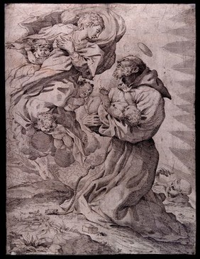 The Virgin Mary presenting Saint Francis of Assisi with the infant Christ. Etching after (?) P. Faccini.