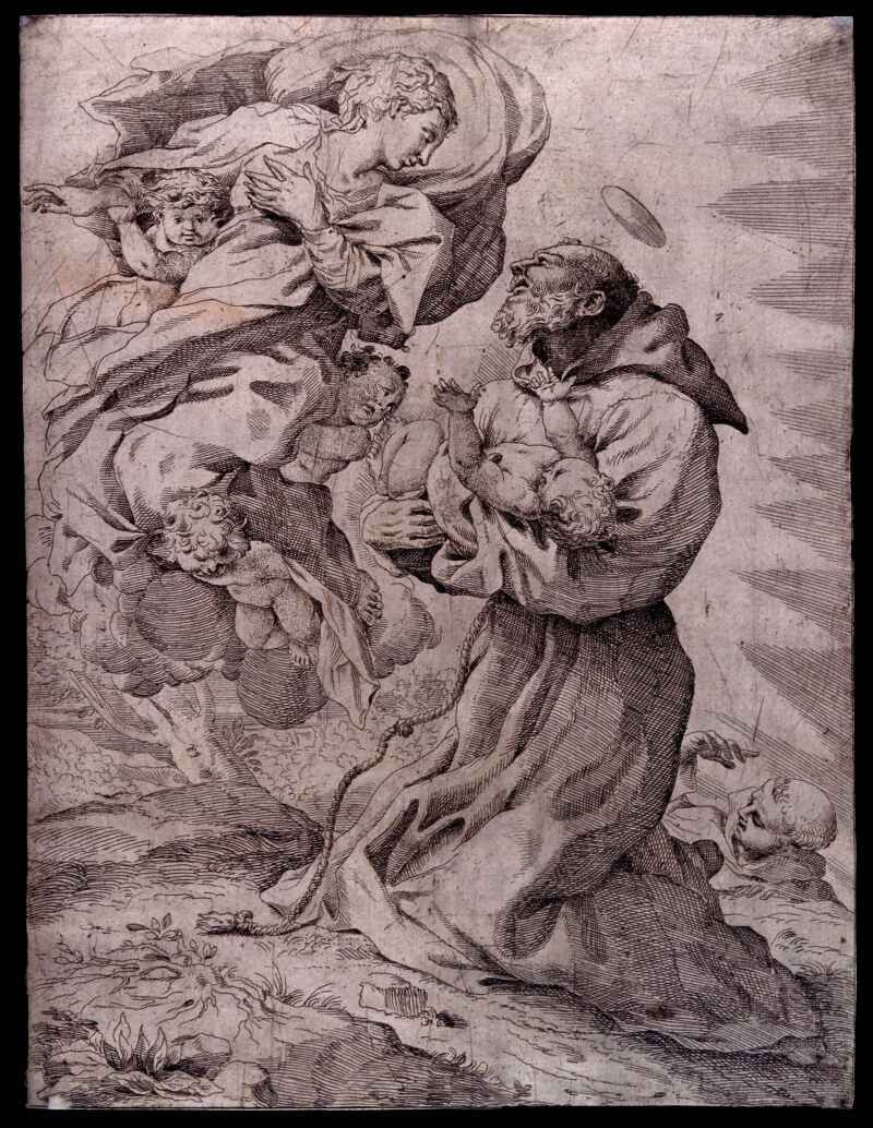 The Virgin Mary presenting Saint Francis of Assisi with the infant Christ. Etching after (?) P. Faccini., 1600-1699, by Pietro Faccini