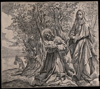 Saint Francis of Assisi holding the infant Christ presented to him by the Virgin Mary. Etching by G.M. Viani after L. Carracci.