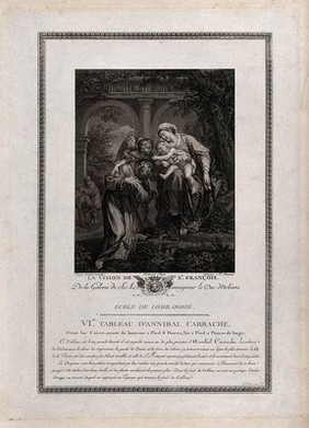 The Virgin Mary presenting Saint Francis of Assisi with the infant Christ. Etching by A.L. Romanet after A. Borel after Annibale Carracci, 1765/1790.