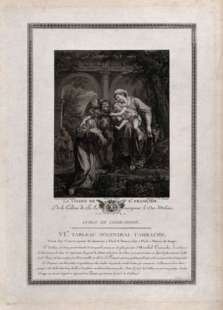 The Virgin Mary presenting Saint Francis of Assisi with the infant Christ. Etching by A.L. Romanet after A. Borel after Annibale Carracci, 1765/1790.