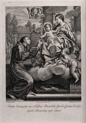 The infant Christ on the Virgin's lap presenting Saint Francis of Assisi with some flowers. Etching by H. Winstanley, 1729, after C. Maratta.