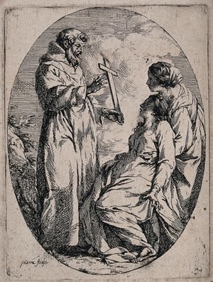 view Saint Francis of Assisi holding a crucifix before a sick woman brought to him to be cured. Etching by J.B.M. Pierre.