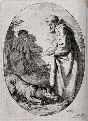 Saint Francis of Assisi inducing a hyena to a state of obedience. Etching by J.B.M. Pierre.