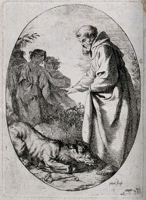 view Saint Francis of Assisi inducing a hyena to a state of obedience. Etching by J.B.M. Pierre.