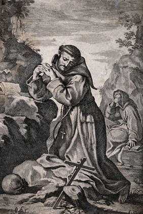 Saint Francis of Assisi, kneeling, contemplating a crucifix; a Franciscan monk in the background. Etching, 17--.