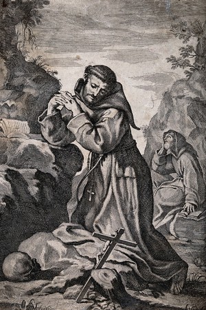 view Saint Francis of Assisi, kneeling, contemplating a crucifix; a Franciscan monk in the background. Etching, 17--.