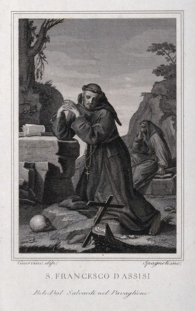 Saint Francis of Assisi, kneeling, contemplating a crucifix; a Franciscan monk in the background. Engraving by F. Spagnoli after G.F. Barbieri, il Guercino, 18--.