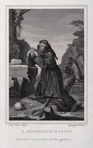 view Saint Francis of Assisi, kneeling, contemplating a crucifix; a Franciscan monk in the background. Engraving by F. Spagnoli after G.F. Barbieri, il Guercino, 18--.