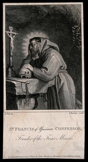 Saint Francis of Assisi, holding a skull, contemplating a crucifix. Etching by J. Romney, 1814.