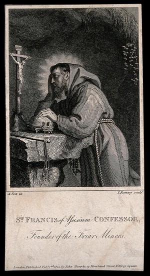 view Saint Francis of Assisi, holding a skull, contemplating a crucifix. Etching by J. Romney, 1814.