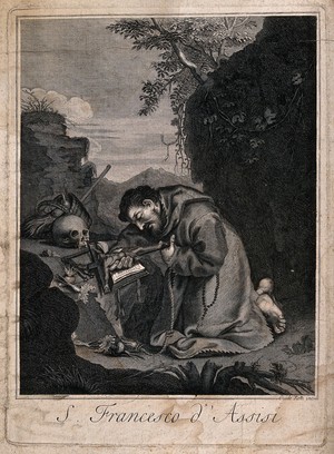 view Saint Francis of Assisi. Engraving after G. Reni (?).