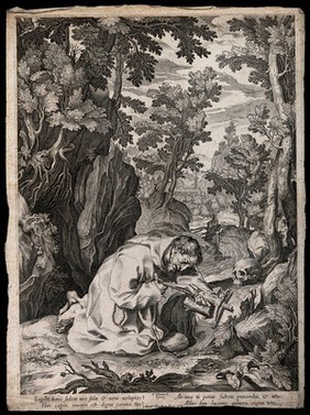 Saint Francis of Assisi in the wilderness, kneeling in front of a crucifix. Engraving by F. Villamena.