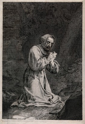 Saint Francis of Assisi in wilderness; kneeling in front of a crucifix. Engraving attributed to N. Bazin after C. Mellan.