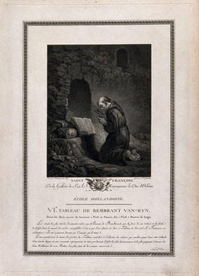 Saint Francis of Assisi, holding a crucifix, kneeling in front of a Bible. Engraving by H. Guttenberg after I.J. Van den Berg after Rembrandt van Rijn.