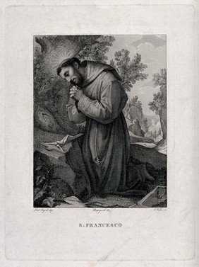 Saint Francis of Assisi in the wilderness; kneeling in front of a crucifix. Engraving by A. Calzi after Pompignoli after L. Cardi da Cigoli.