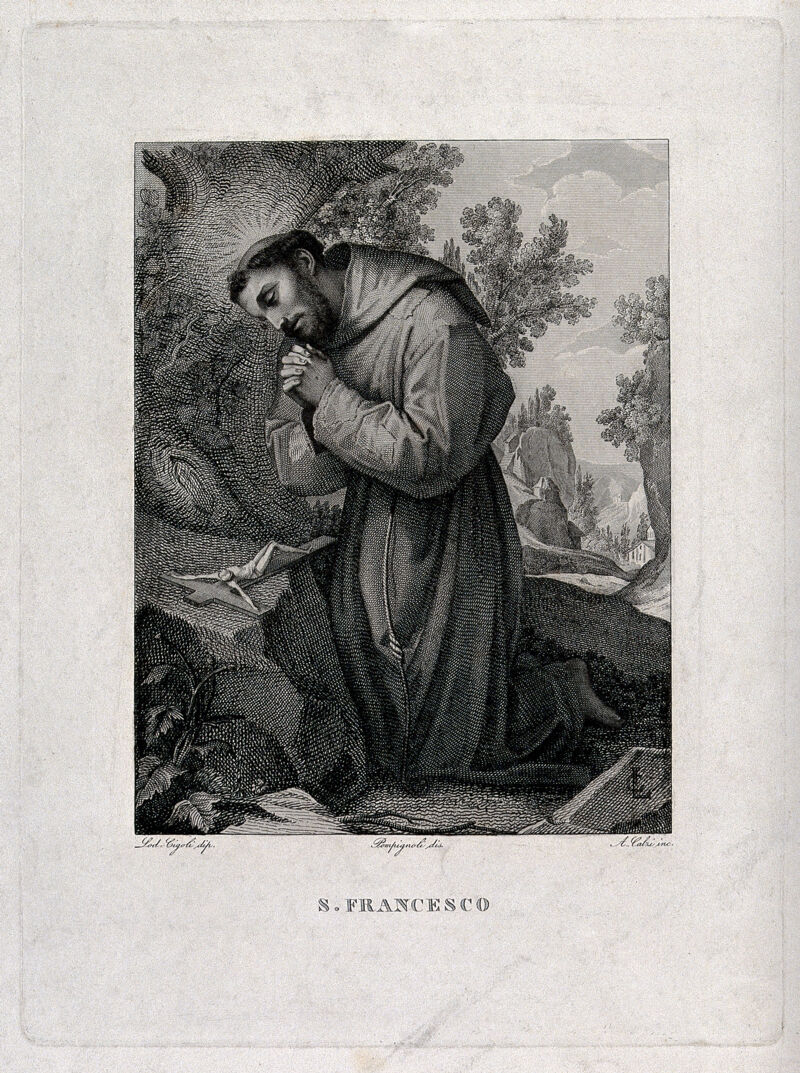 Saint Francis of Assisi in the wilderness; kneeling in front of a crucifix. Engraving by A. Calzi after Pompignoli after L. Cardi da Cigoli., [1844?], by Cigoli