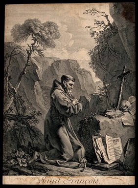 Saint Francis of Assisi in wilderness, kneeling in front of a crucifix. Engraving by N. Dupuis, 1750, after J.B.M. Pierre.