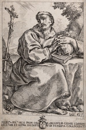 view Saint Francis of Assisi, holding a skull, contemplating a crucifix. Etching by G. Guidalotti Franceschini after G.M. Viani, 16--.