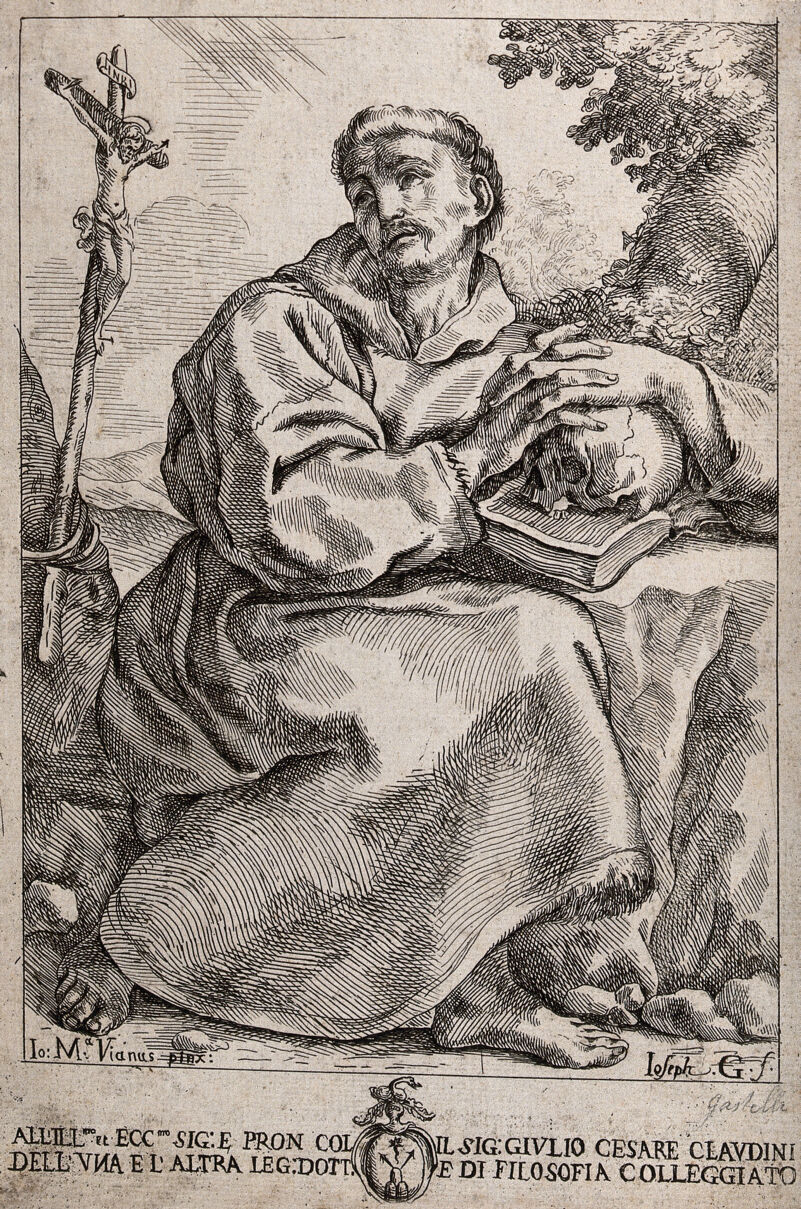 Saint Francis of Assisi, holding a skull, contemplating a crucifix. Etching by G. Guidalotti Franceschini after G.M. Viani, 16--., [between 1690 and 1720?], by Giovanni Maria Viani