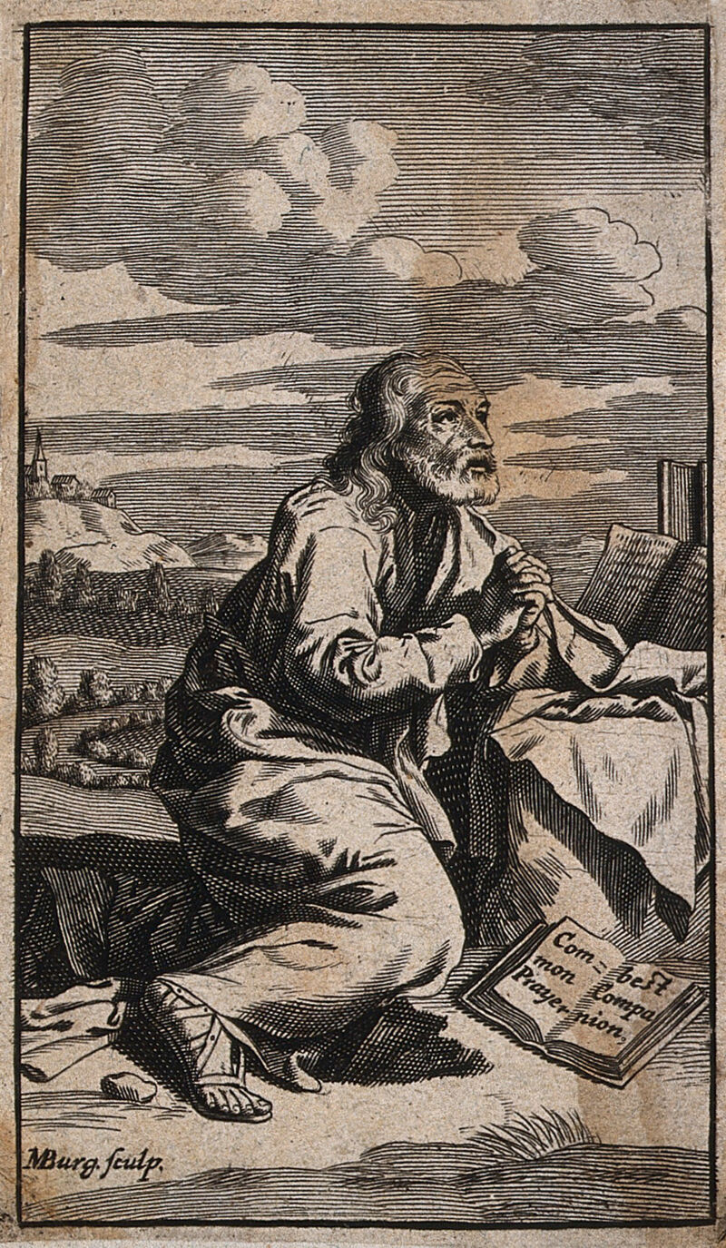 Saint Francis of Assisi (?) in the wilderness, kneeling and praying. Engraving by M. Burghers., by Michael Burghers