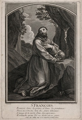 Saint Francis of Assisi. Engraving by M.G. Aubert, 1724, after G. Reni.
