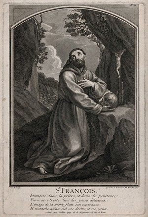 view Saint Francis of Assisi. Engraving by M.G. Aubert, 1724, after G. Reni.