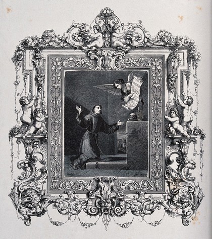 Saint Francis of Assisi. Wood engraving by J.B.C. Carbonneau after A. Cabasson after B.E. Murillo with frame engraved by E. Sotain after H. Catenacci.