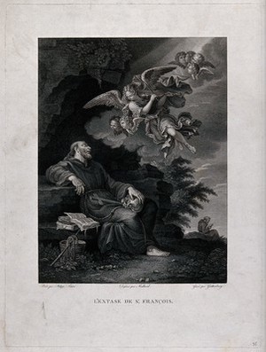 view Saint Francis of Assisi. Engraving by H. Güttenberg after Mullard after F. Lauri.