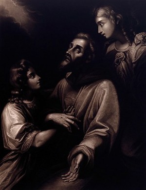 view The ecstasy of Saint Francis of Assisi; two angels next to him. Mezzotint by W. Say after L. Carracci, 18--.