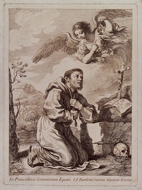 Saint Francis kneeling in front of a crucifix; an angel in the sky. Etching by F. Bartolozzi, 1764, after G.F. Barbieri, il Guercino.