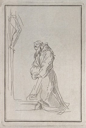 Saint Francis of Assisi kneeling in front of a cross. Etching, 17--.