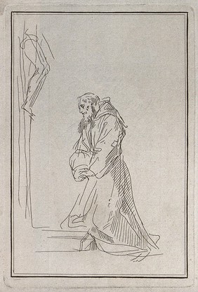 Saint Francis of Assisi kneeling in front of a cross. Etching, 17--.