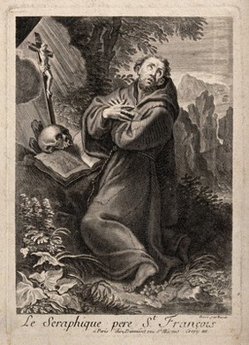 Saint Francis of Assisi in the wilderness, kneeling in front of a crucifix, a book and a skull. Engraving by N. Bazin.