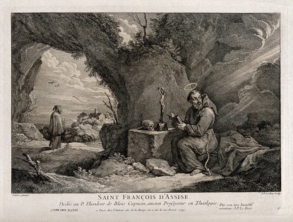 Saint Francis of Assisi reading a book in front of a crucifix; a monk and a church in the background. Engraving by J.P. Le Bas after D. Teniers the younger, 1743.