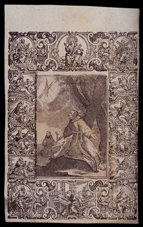 Saint Francis of Assisi receiving the stigmata of Christ from the seraph; vignettes of Christ and the Apostles in the border. Engraving, 16--.