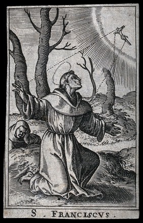 Saint Francis of Assisi receiving the stigmata of Christ from Christ on the cross. Engraving, 16--.