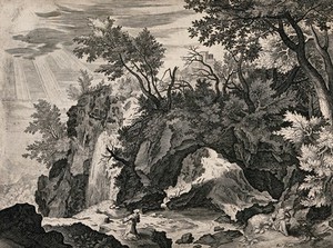 view Saint Francis of Assisi receiving the stigmata of Christ from Christ on the cross. Engraving after P. Bril, 16--.
