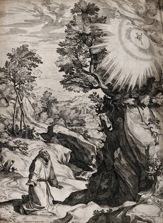 Saint Francis of Assisi receiving the stigmata. Engraving by C. Cort, 1575, after G. Muziano.