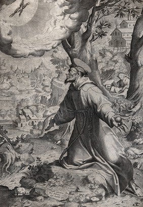 Saint Francis of Assisi receiving the stigmata of Christ from the seraph. Engraving after C. Procaccini.