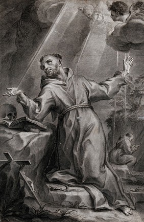 Saint Francis of Assisi receiving the stigmata of Christ; angels in the sky. Engraving, 17--.
