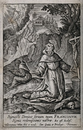 Saint Francis of Assisi, kneeling in front of a crucifix, receiving the stigmata of Christ from the seraph. Engraving by H. Wierix after M. de Vos.
