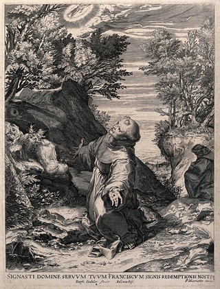 Saint Francis of Assisi receiving the stigmata of Christ from the seraph. Engraving by R. Sadeler.