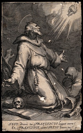 Saint Francis of Assisi receiving the stigmata of Christ from the seraph. Engraving attributed to Boëtius Adamsz. Bolswert after A. Bloemaert (?), 16--.