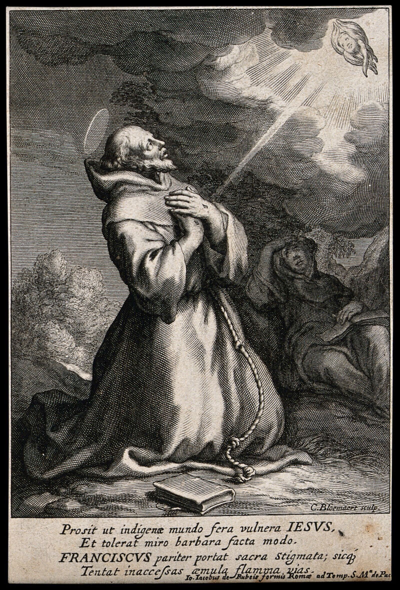 Saint Francis of Assisi receiving the stigmata of Christ from the seraph. Engraving by C. Bloemaert, 16--., [between 1600 and 1699], by Cornelis Bloemaert